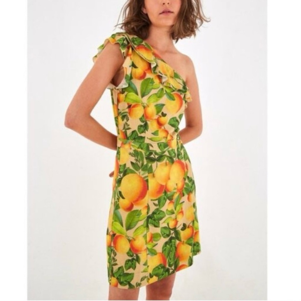 NWT Farm Rio orange sands one shoulder fruit print linen dress